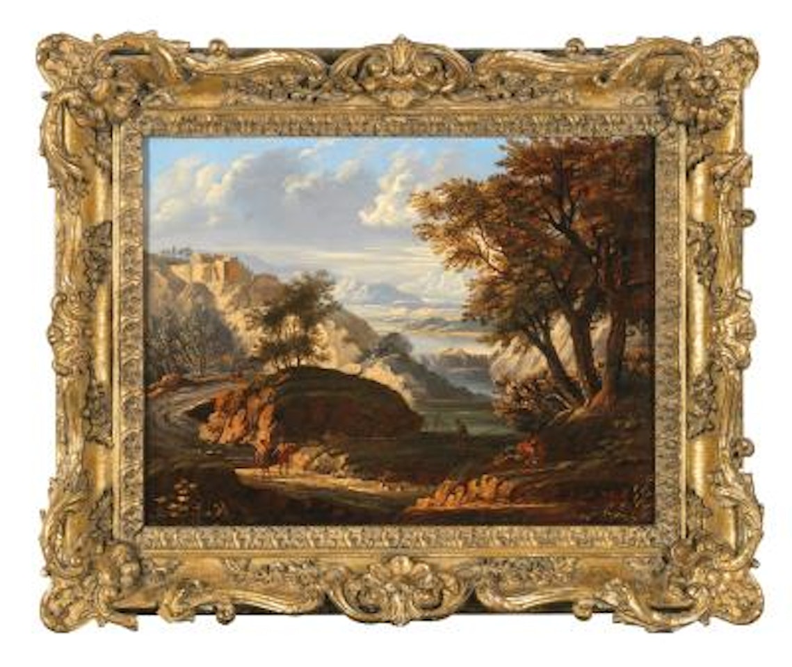 Landscape with waterfall and figures resting by Italian School