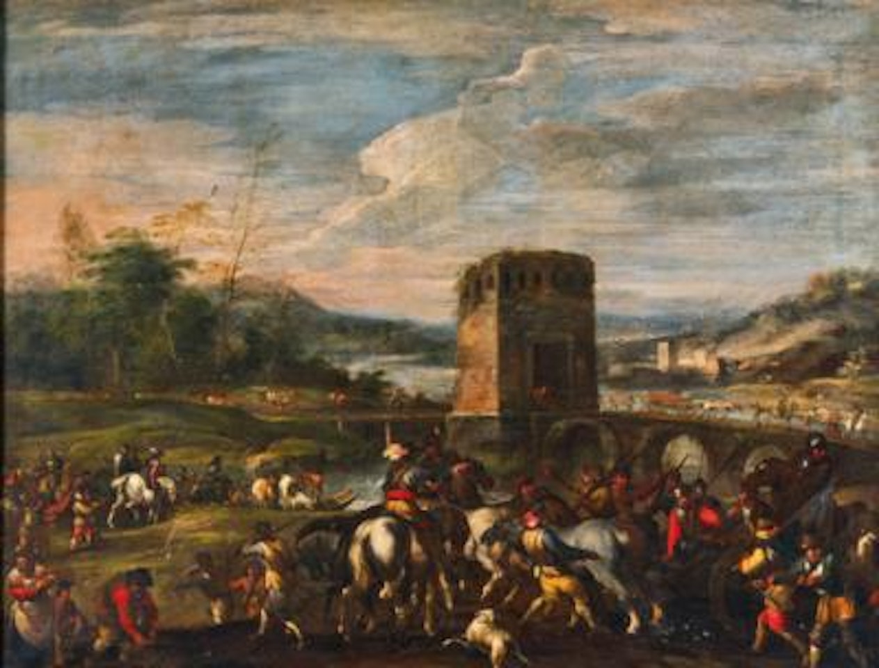 Soldiers near a river, a fortified bridge beyond by Roman School