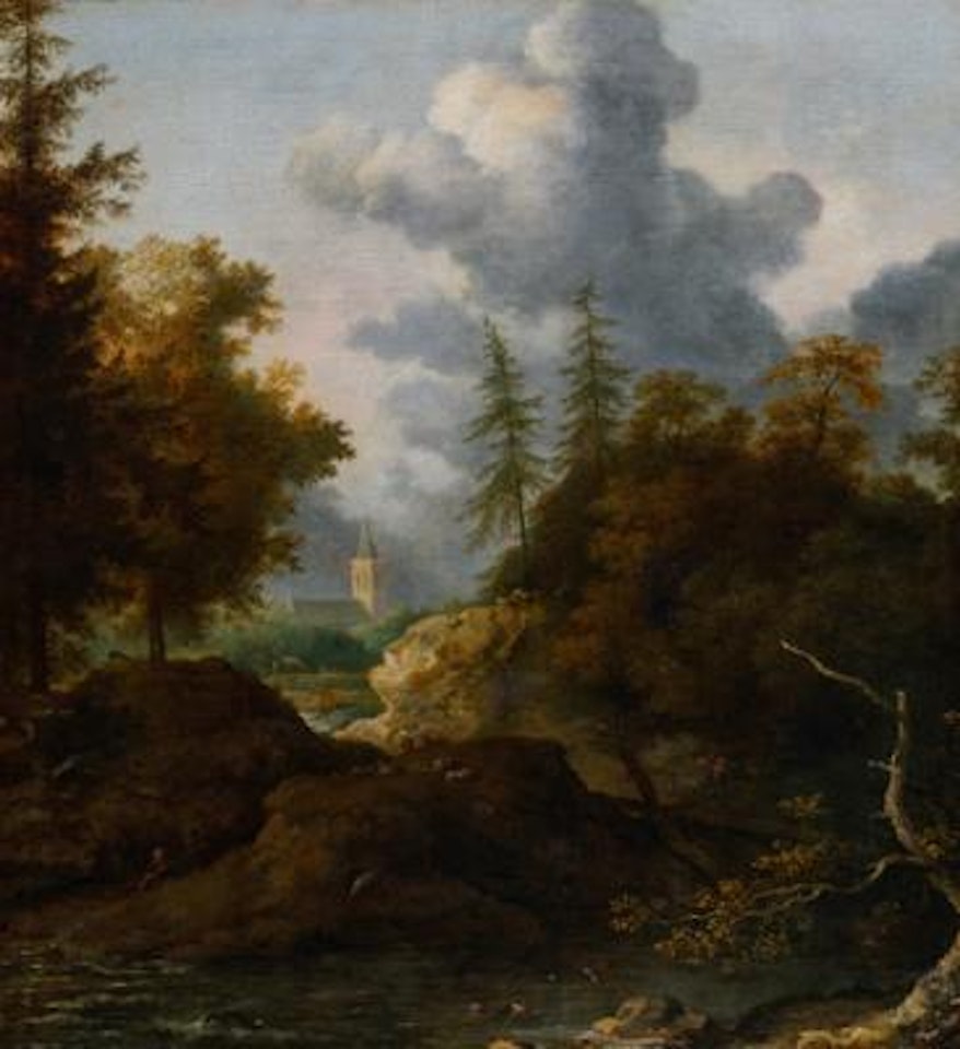 A mountainous Northern landscape struck by a thunderstorm by Allart van Everdingen