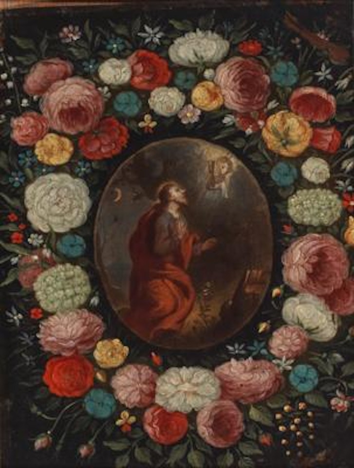 A flower garland surrounding the appearance of the Angel on the Mount of Olives by Flemish School