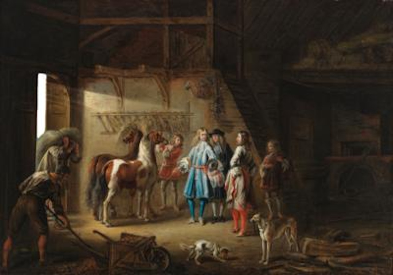 Elegant cavaliers with horses in a barn by Flemish School