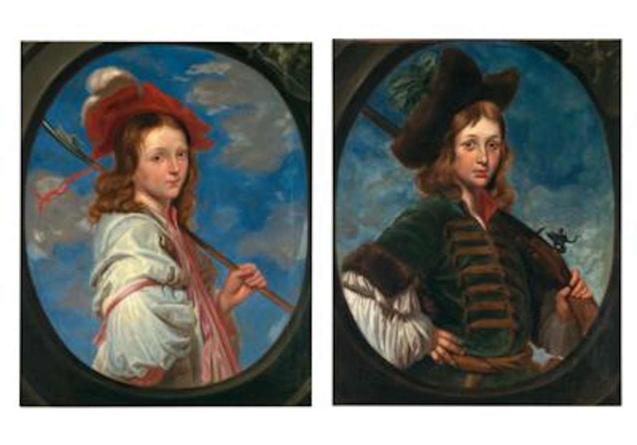 Portrait of a boy holding a lance, half-length, in a painted oval; Portrait of a boy holding a gun, half-length, in a painted oval by German School
