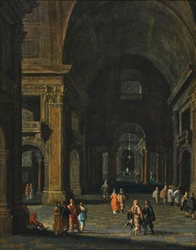 A church interior with elegant figures by Dutch School