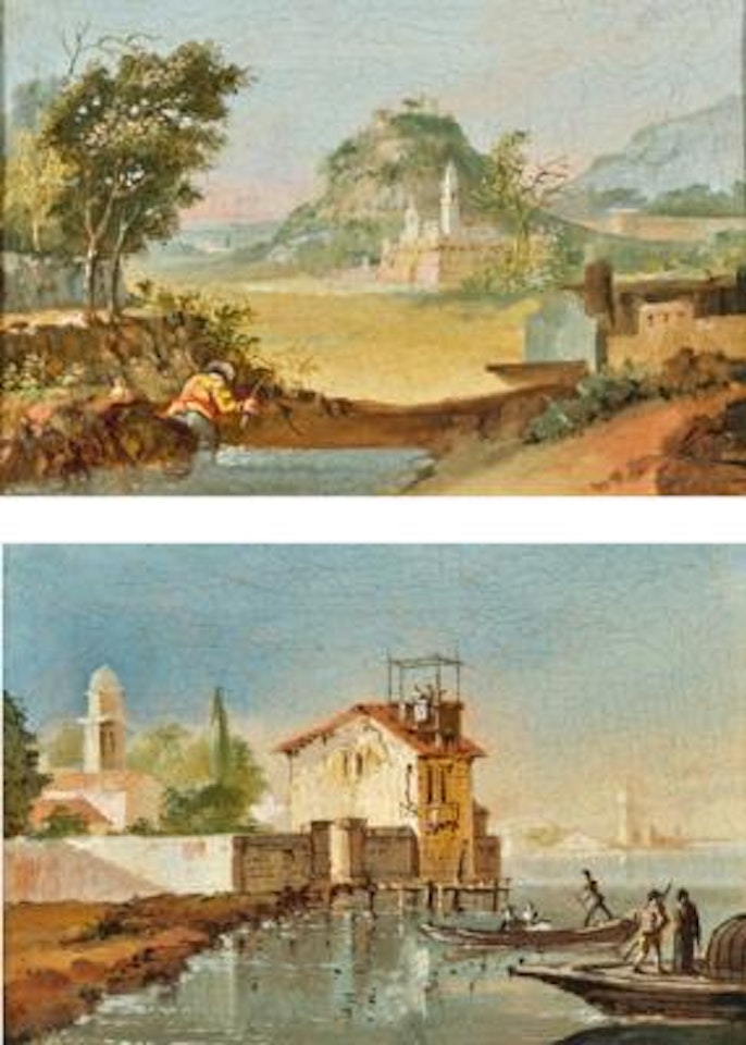 A fisherman along a riverbank, a hillside beyond;; A port with fishermen coming to shore by Giuseppe Bernardino Bison