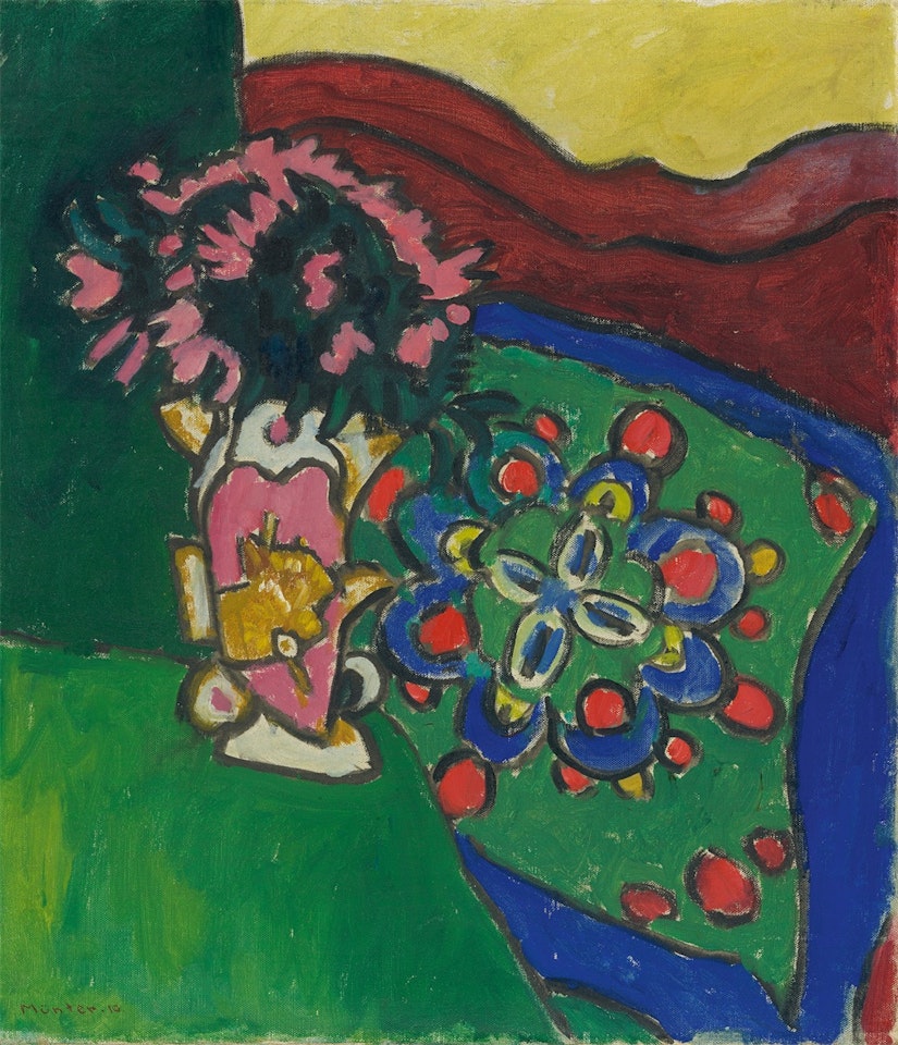 ”Blumenstillleben mit Sofa und Kissen” by Gabriele Münter