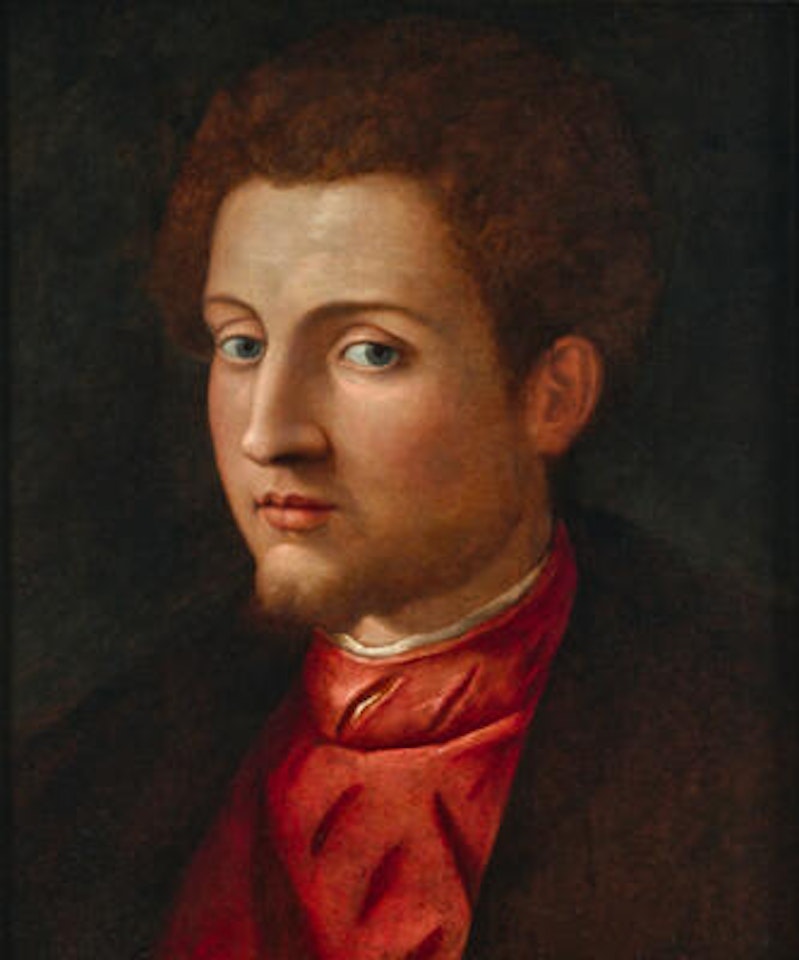 Portrait of a young man, bust-length, in a red tunic and black coat by Florentine School