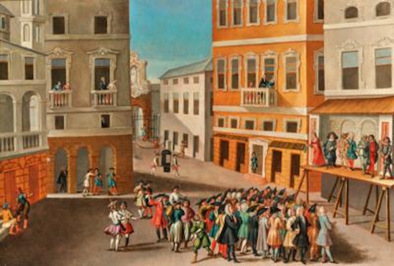 A townscape with players performing the Commedia dell"Arte by Venetian School