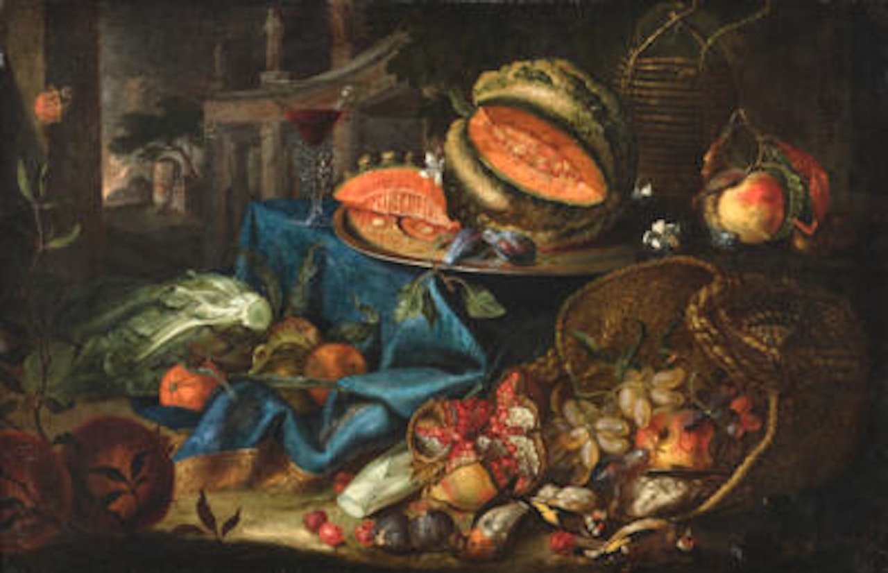 A melon and plums on a plate on a draped table by an overturned basket of fruit, a landscape with a colonnade beyond by Roman School