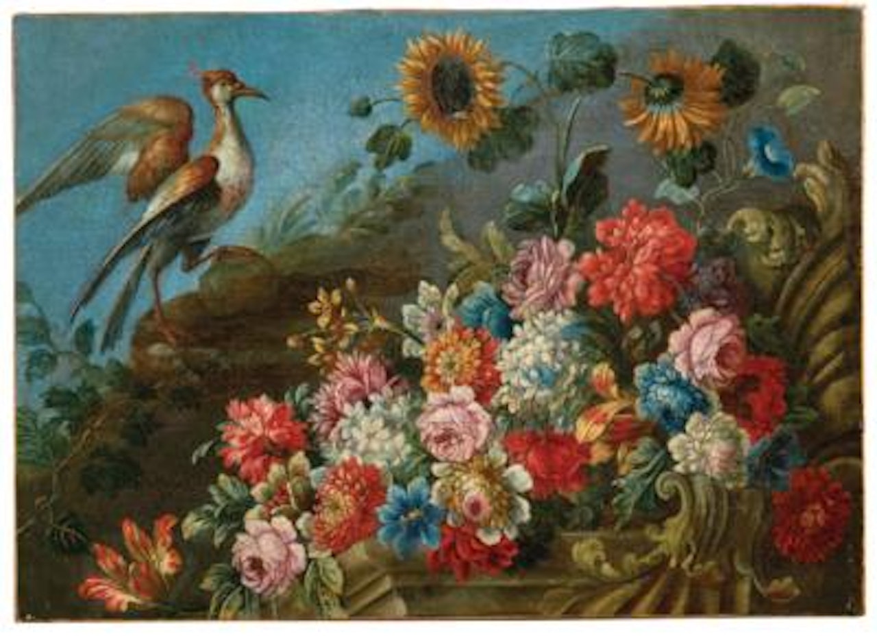 Roses, peonies, sunflowers, ipomeas and other flowers on a ledge, with a lapwing by Roman School