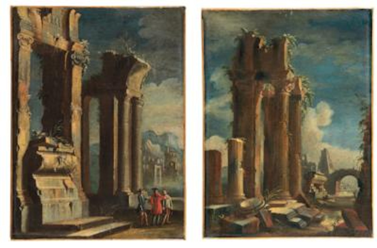 Ruins with a temple, sarcophagus and figures; and Ruins with a temple, columns, a bridge and other buildings beyond by Neapolitan School