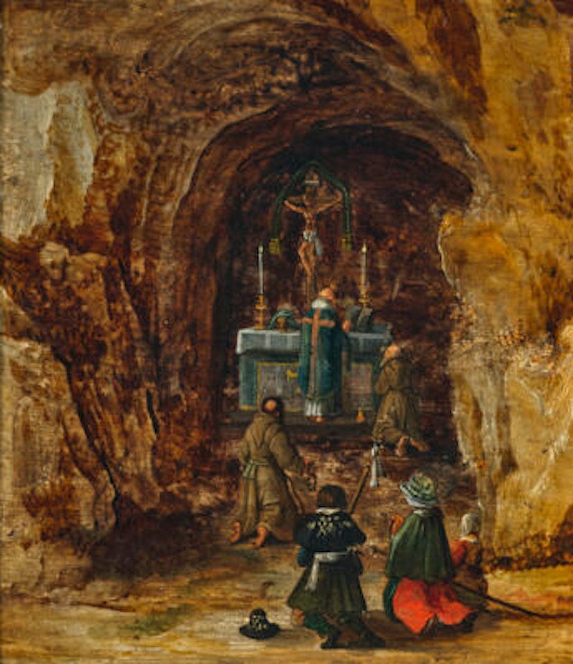 A grotto with pilgrims reading mass by Joos de Momper the Younger