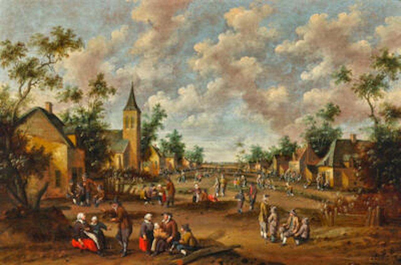 A village scene with numerous figures in a street by Joost Cornelisz Droochsloot