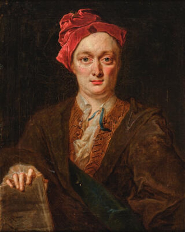 Portrait of a scholar holding a drawing depicting an architectural design by German School