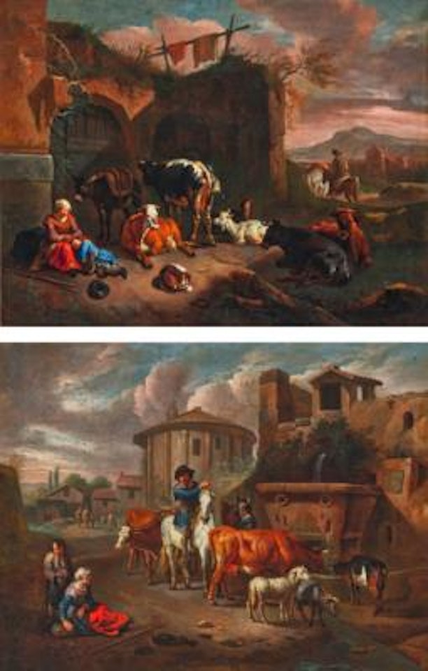 An Italianate landscape with peasants and their herd of cattle resting;; An Italianate landscape with a rider conversing, the temple of Hercules Victor beyond by Pieter van Bloemen