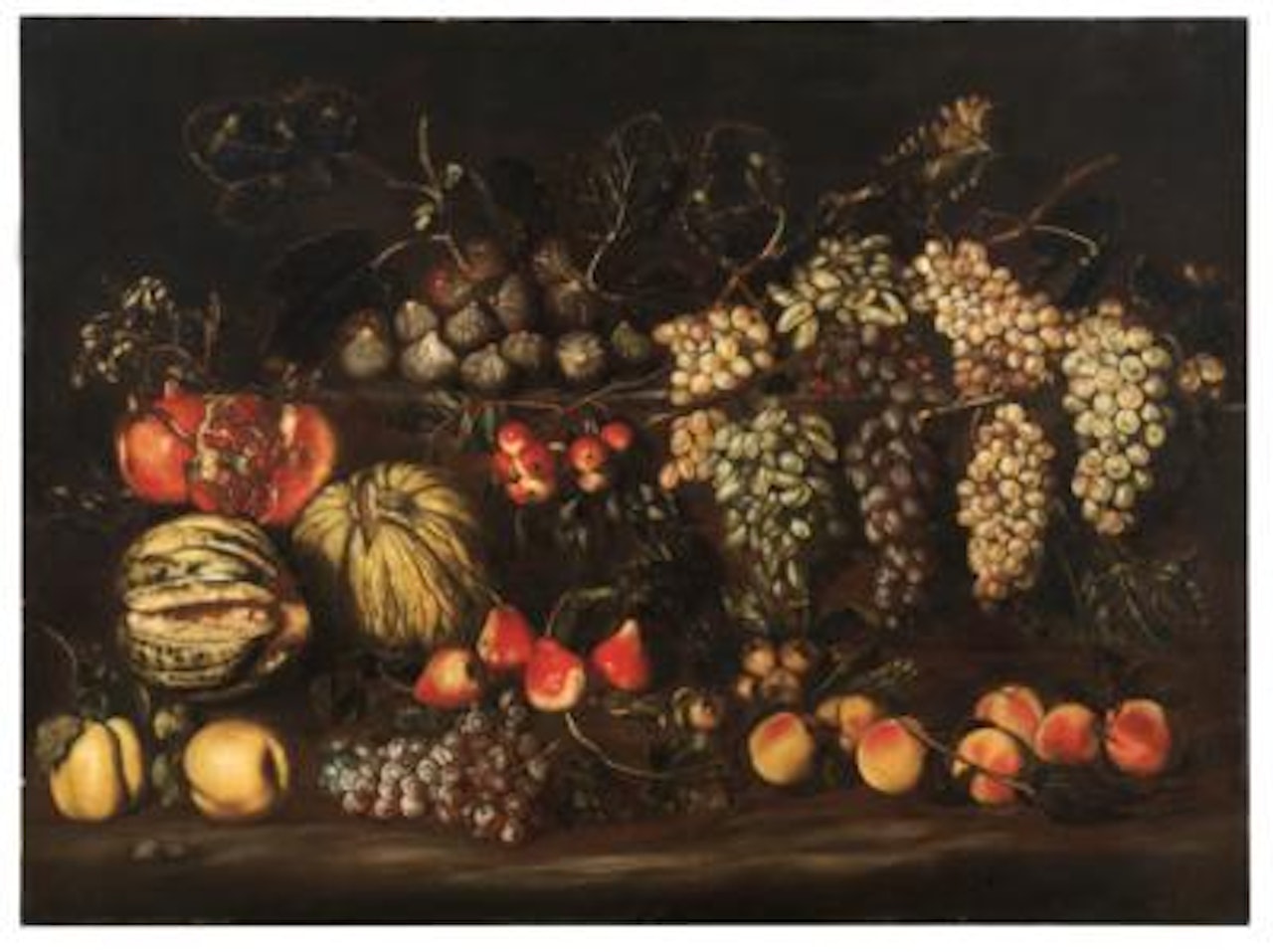 A pumpkin, white and black grapes, apples, figs, pears, peaches and pomegranates by Roman School