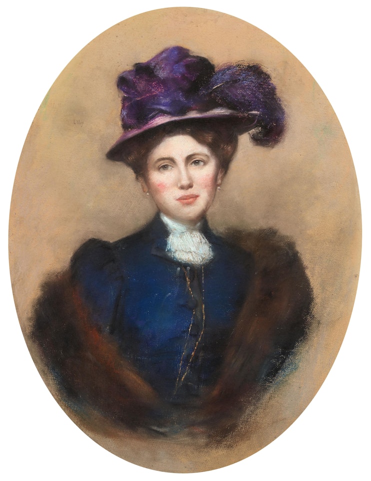 Brustbild einer Dame mit violettem Hut by Lesser Ury