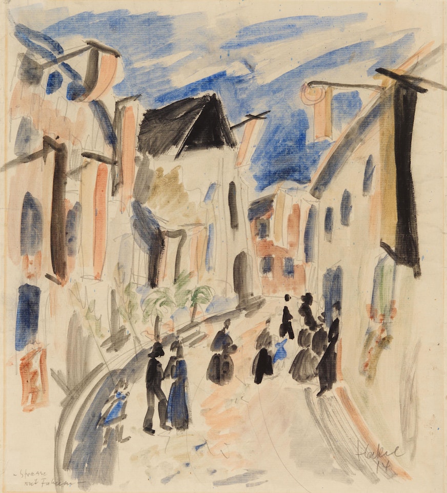 Straße mit Fahnen. Rückseitig Porträt Nora Nauen by Erich Heckel