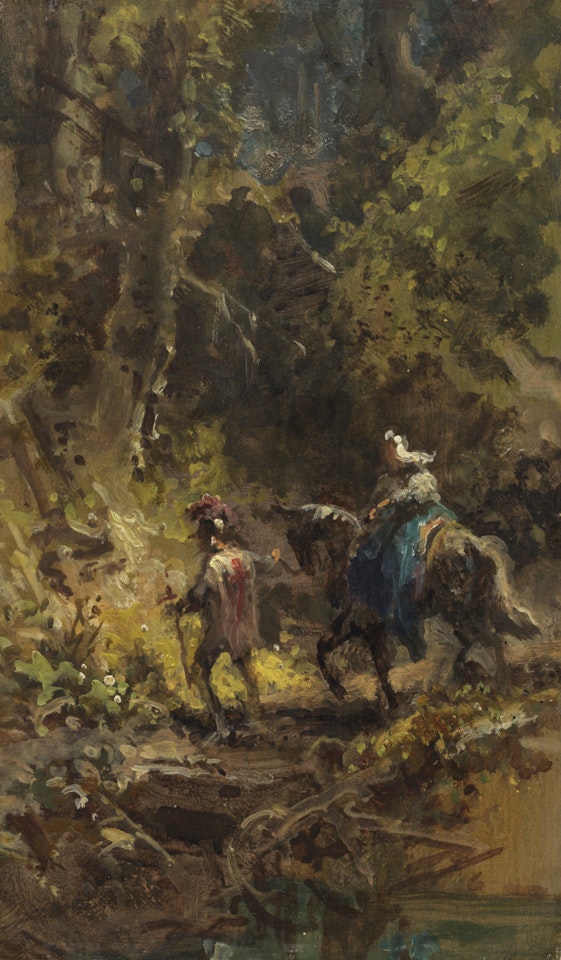 Kreuzritter mit Dame in Waldlanschaft by Carl Spitzweg
