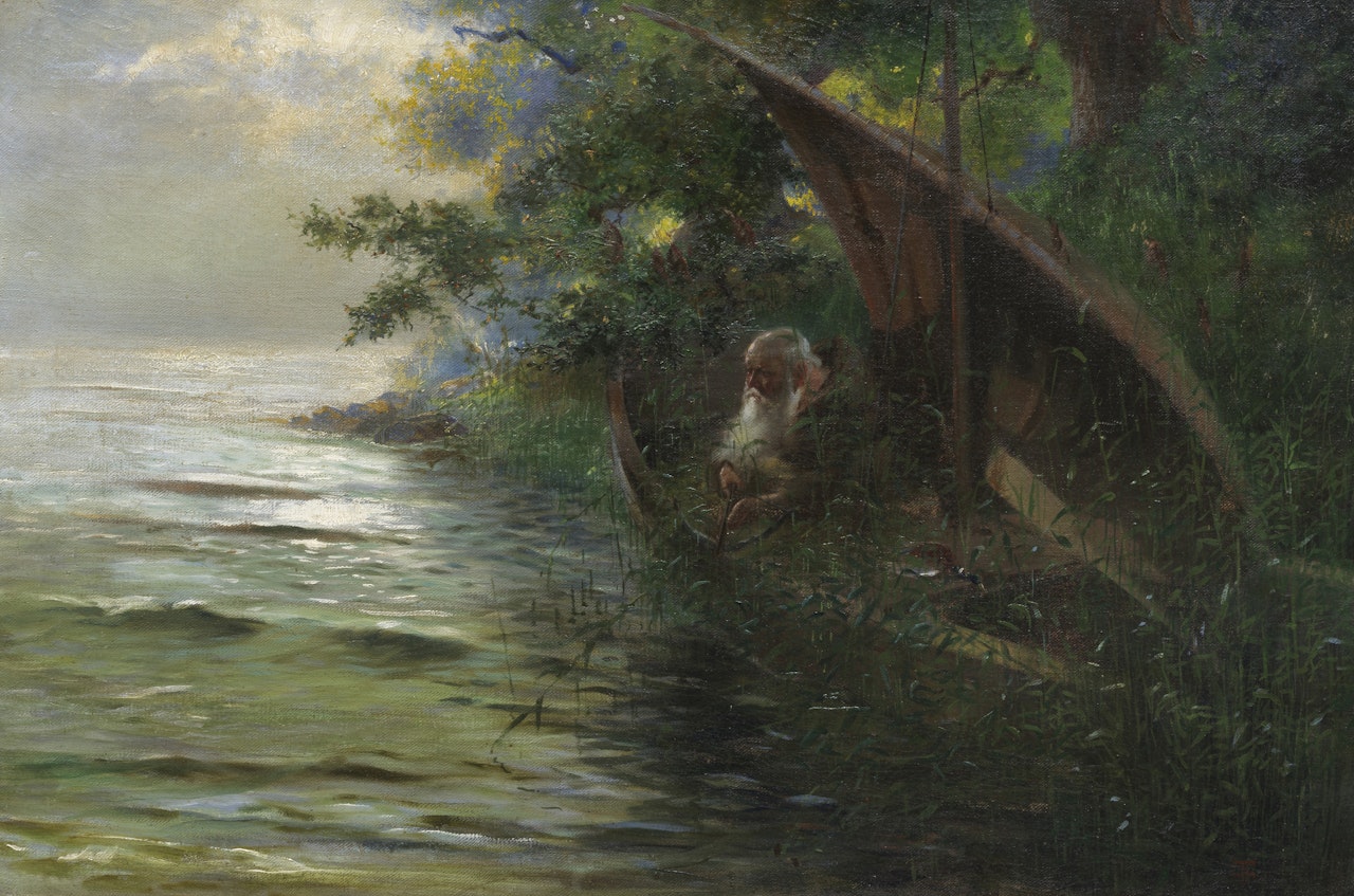 Auf der Jagd (Geistlicher im Ruderboot, am Seeufer Enten auflauernd) by Hans Thoma