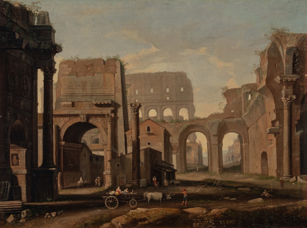 Architectural Capriccio of Rome with the Arches of Constantine and Titus, the Column of Phocas, the Colosseum, and the Basilica of Maxentius by Italian School
