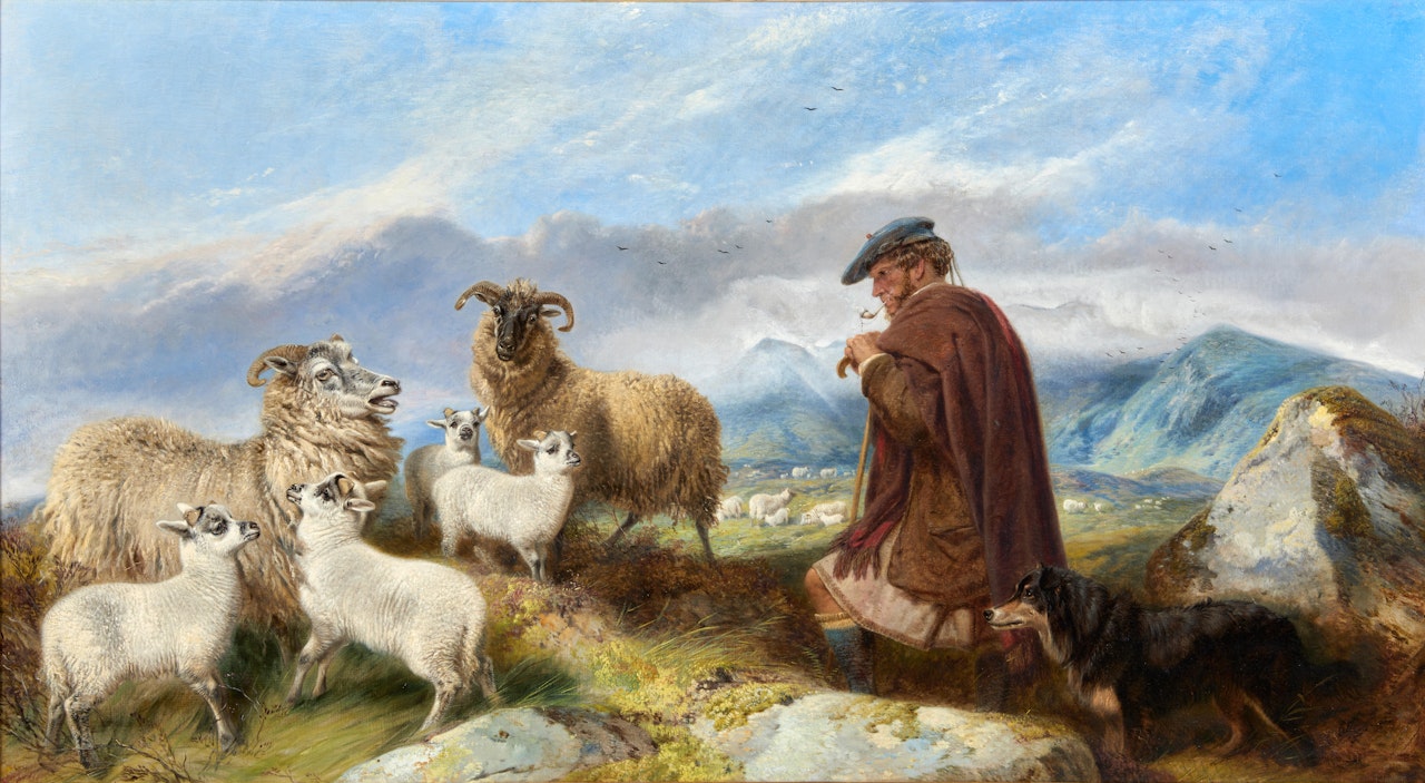 Highland Shepherd with Ewes and Lambs by Richard Ansdell