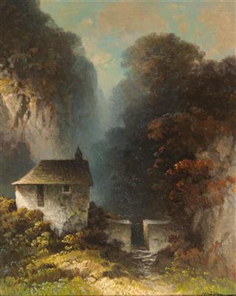  Autumnal landscape with chapel by Oskar Mulley