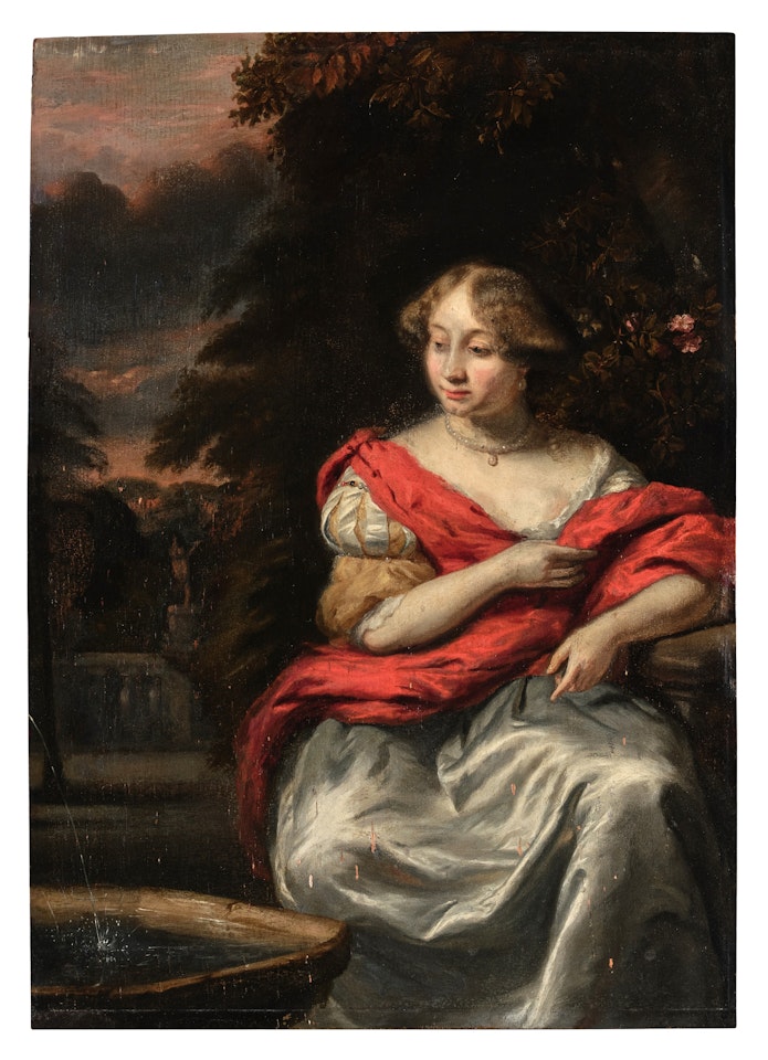Portrait of a Woman Seated Beside a Fountain in a Garden by Dutch School