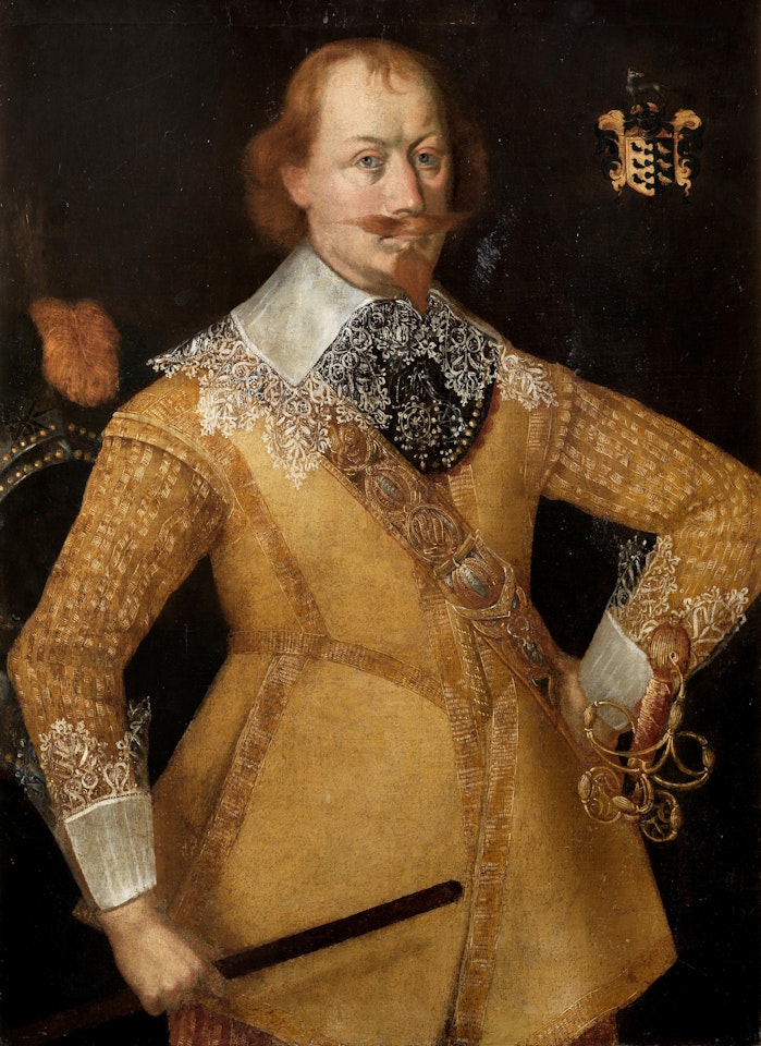 Portrait of a gentleman of the Allen family of Brindley, Cheshire, three-quarter-length, in gold costume by English School