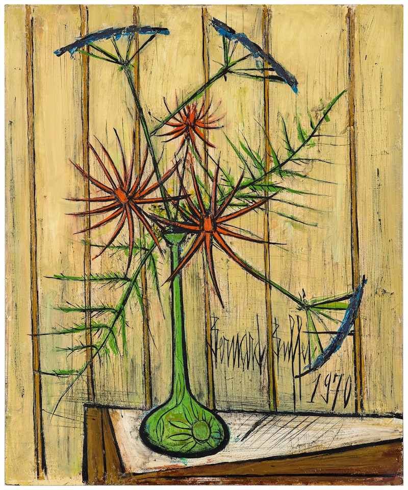 Bouquet rouge et bleu fond jaune, vase de Gallé vert by Bernard Buffet