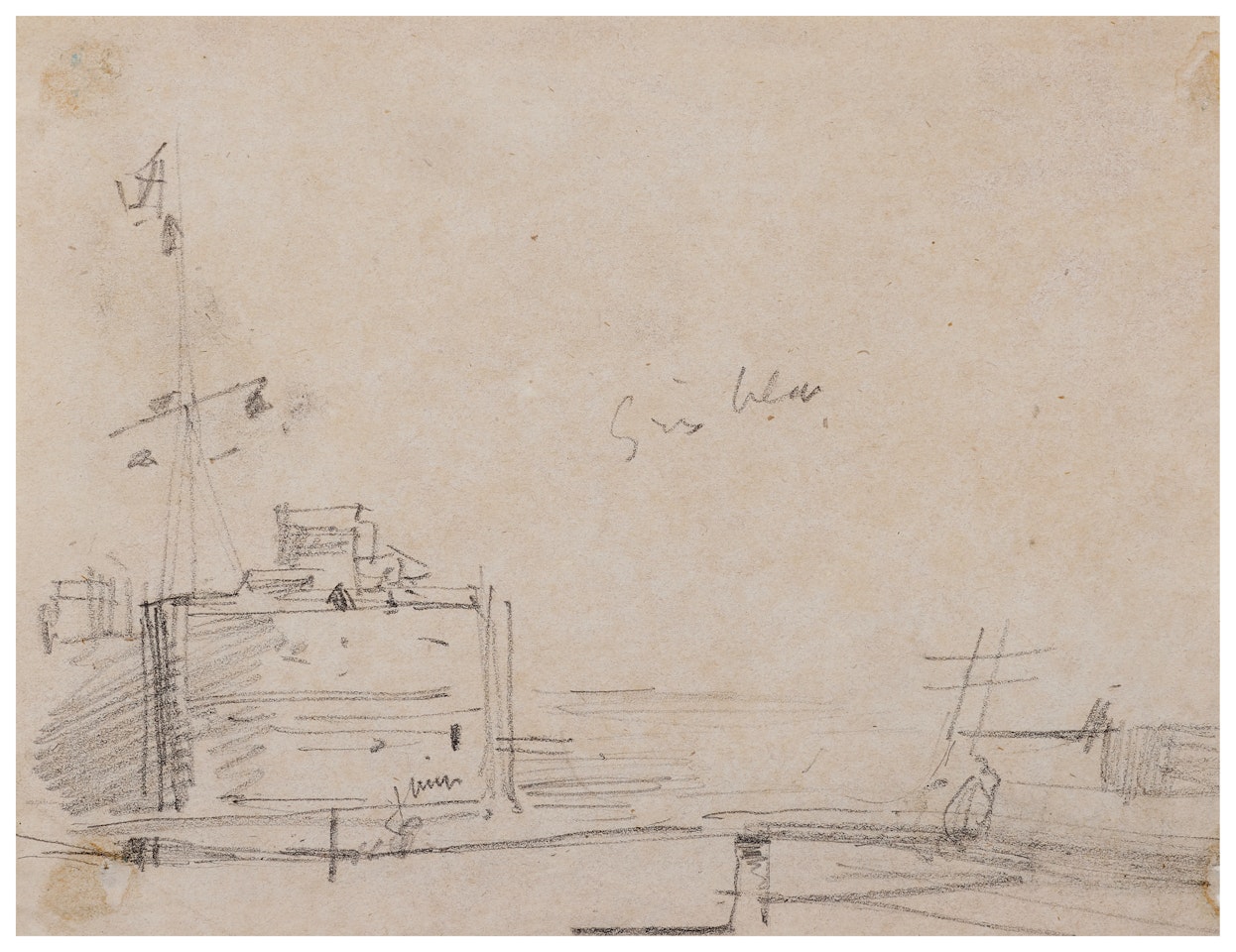 Ensemble de deux oeuvres 1 - Deux études superposées d"un rivage animé de barques et pêcheurs by Eugène Boudin