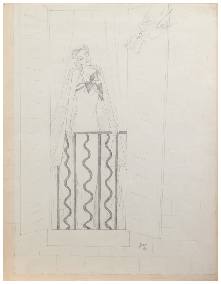Elégante à sa fenêtre et oiseau messager (dessin pour la Maison de Couture Molyneux) by Jean Cocteau
