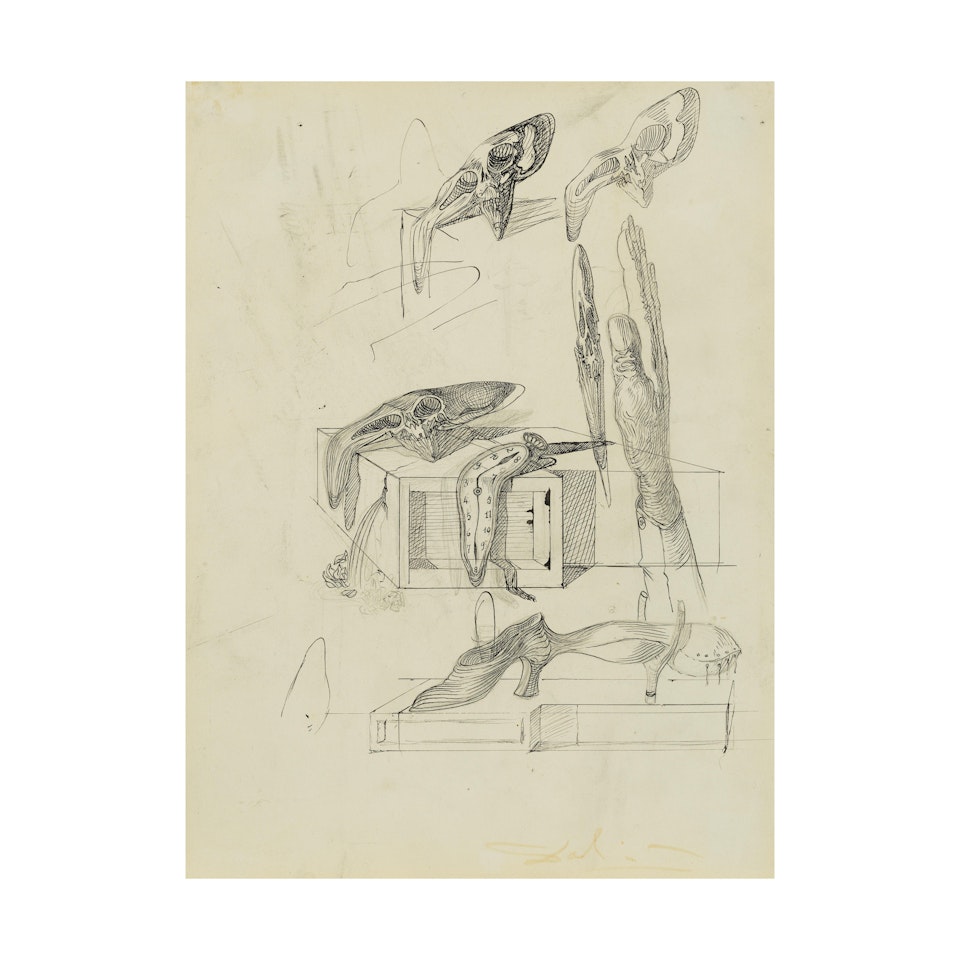 Étude de crânes, montre molle, fontaine, soulier et main by Salvador Dali