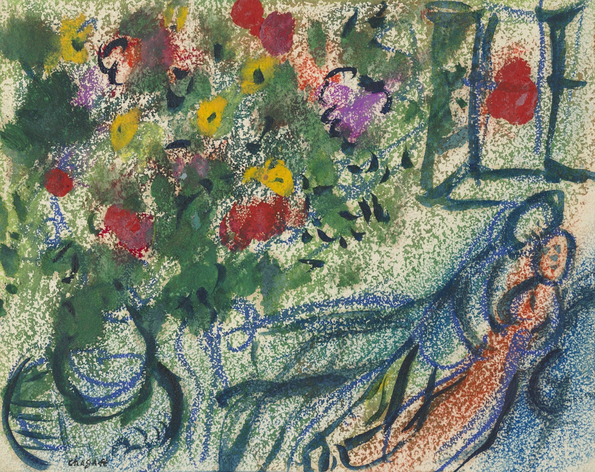 Bouquet et amoureux à la fenêtre ouverte by Marc Chagall