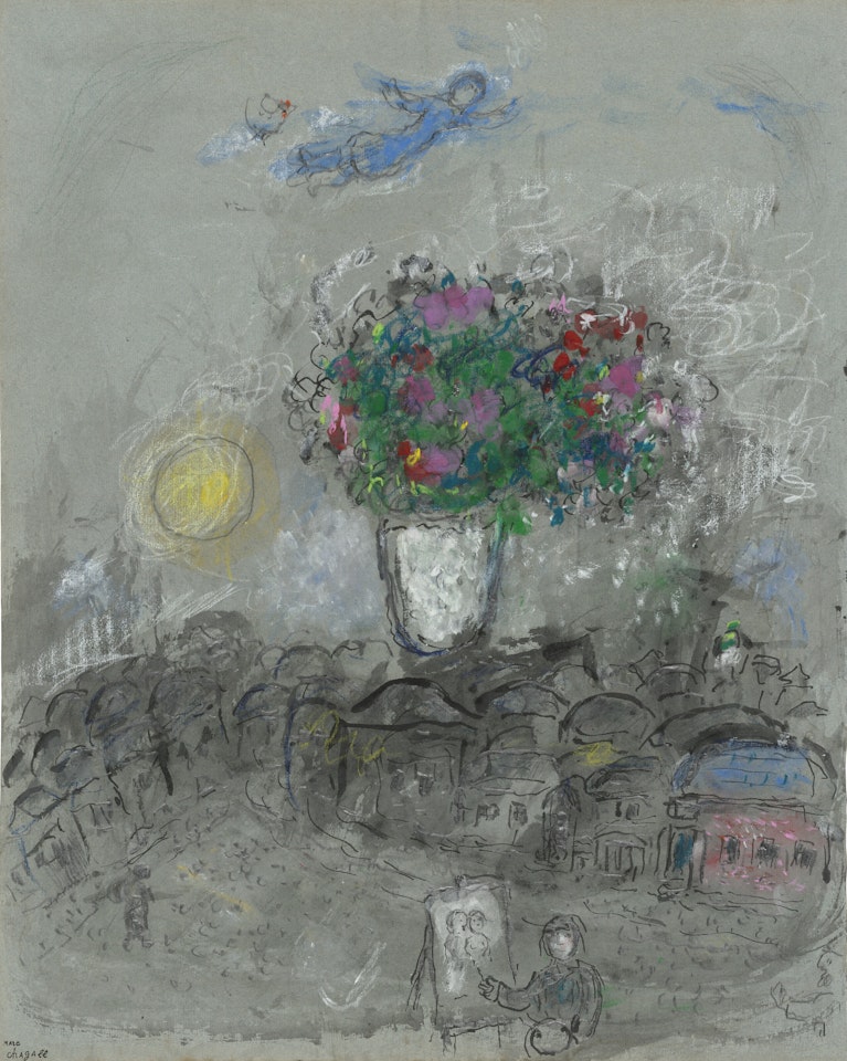 Grand bouquet dans vase blanc sur les toits de Vitebsk, le soir by Marc Chagall