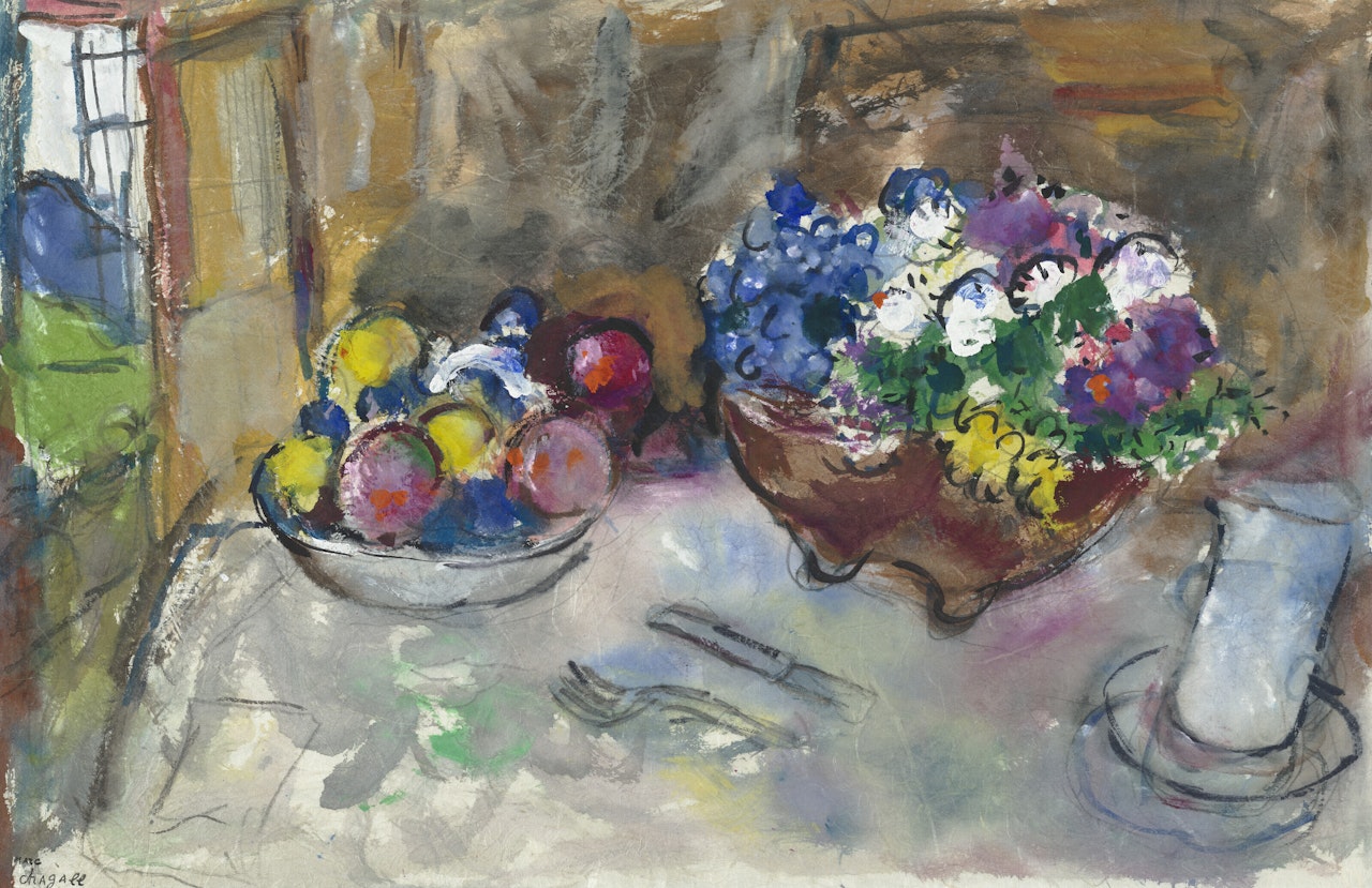 Fleurs et fruits sur une table à Sils Maria by Marc Chagall