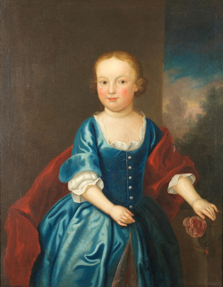 Portrait of a child, three-quarter-length, in a blue dress, holding a rose, standing before a window by English School
