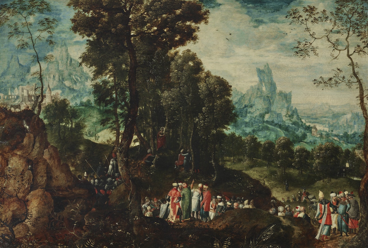 Saint Jean Baptiste prêchant dans le désert avec le Christ dans le désert et le baptême du Christ by Herri met de Bles