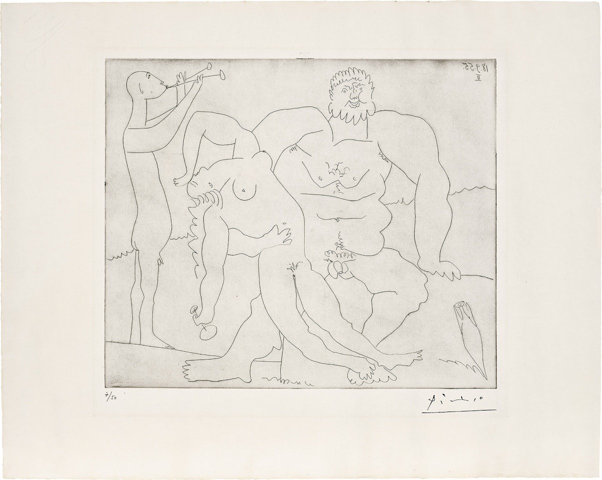 Homme nu avec femme ivre et jeune flûtiste (Naked Man with a Drunk Woman and Young Flautist) (Bl. 773, Ba. 949) by Pablo Picasso