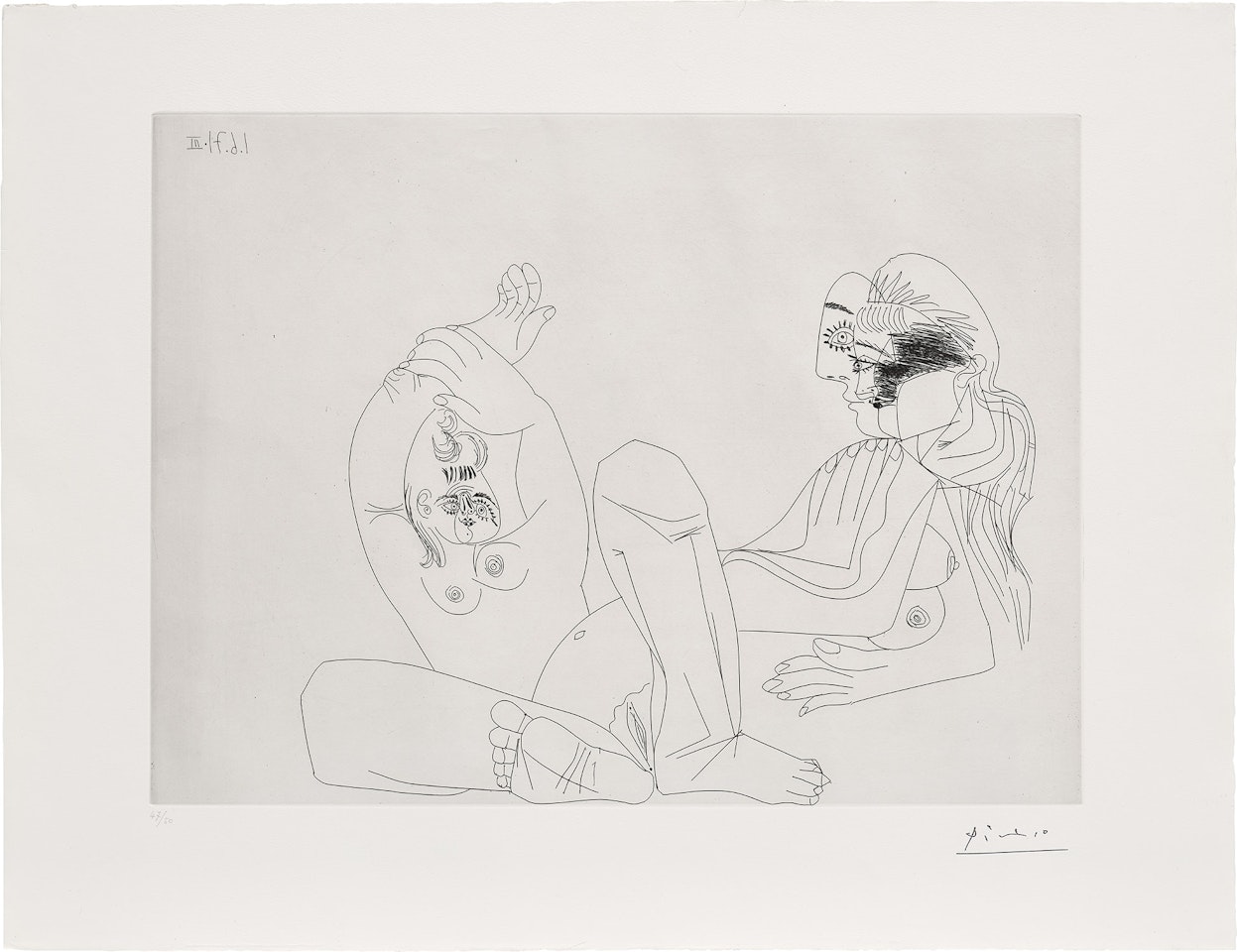 Deux femmes, une en raccourci et une repliée sur elle-même (Two Women, One Shortened and the Other Inward-looking), plate 141 from Série 156 (Bl. 1995, Ba. 2005) by Pablo Picasso