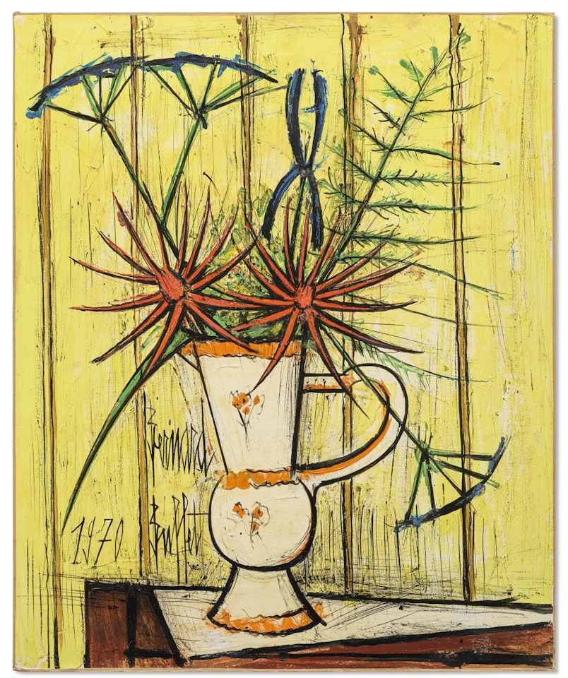 Bouquet rouge et bleu fond jaune, vase blanc et orangé by Bernard Buffet