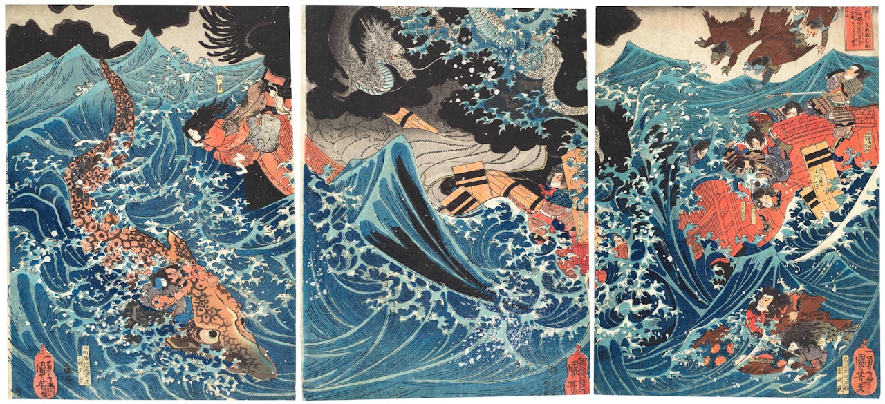 Higono kuni Minamata no kaijo nite Tametomo nanpu ni au by Utagawa Kuniyoshi