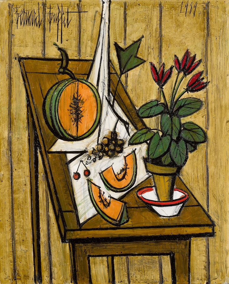 Melon et pot de cyclamens sur une table by Bernard Buffet