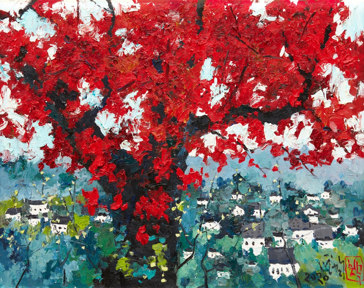 Frosty red maple leaves of February by Pang Jiun