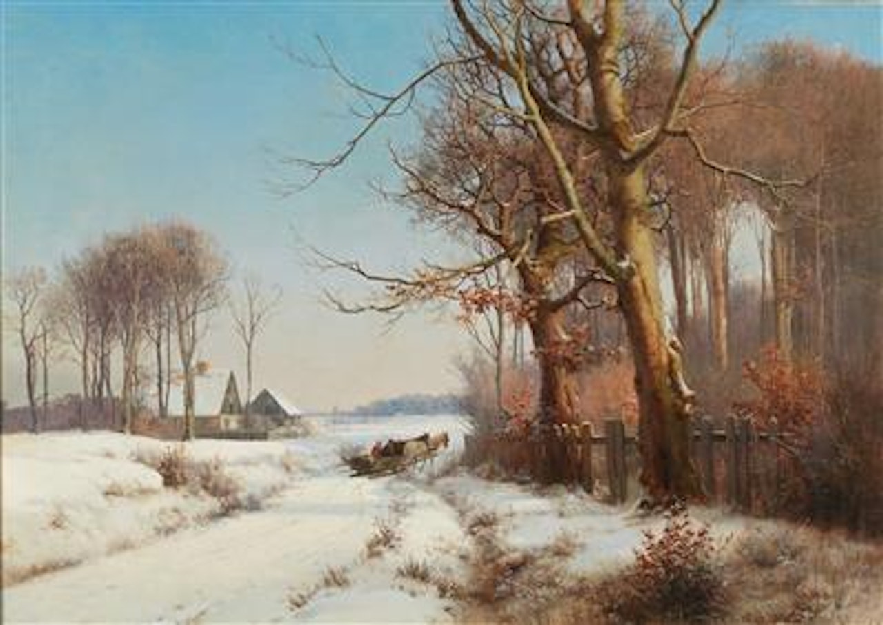 A horse-drawn sledge in a snowy landscape by Anders Andersen-Lundby