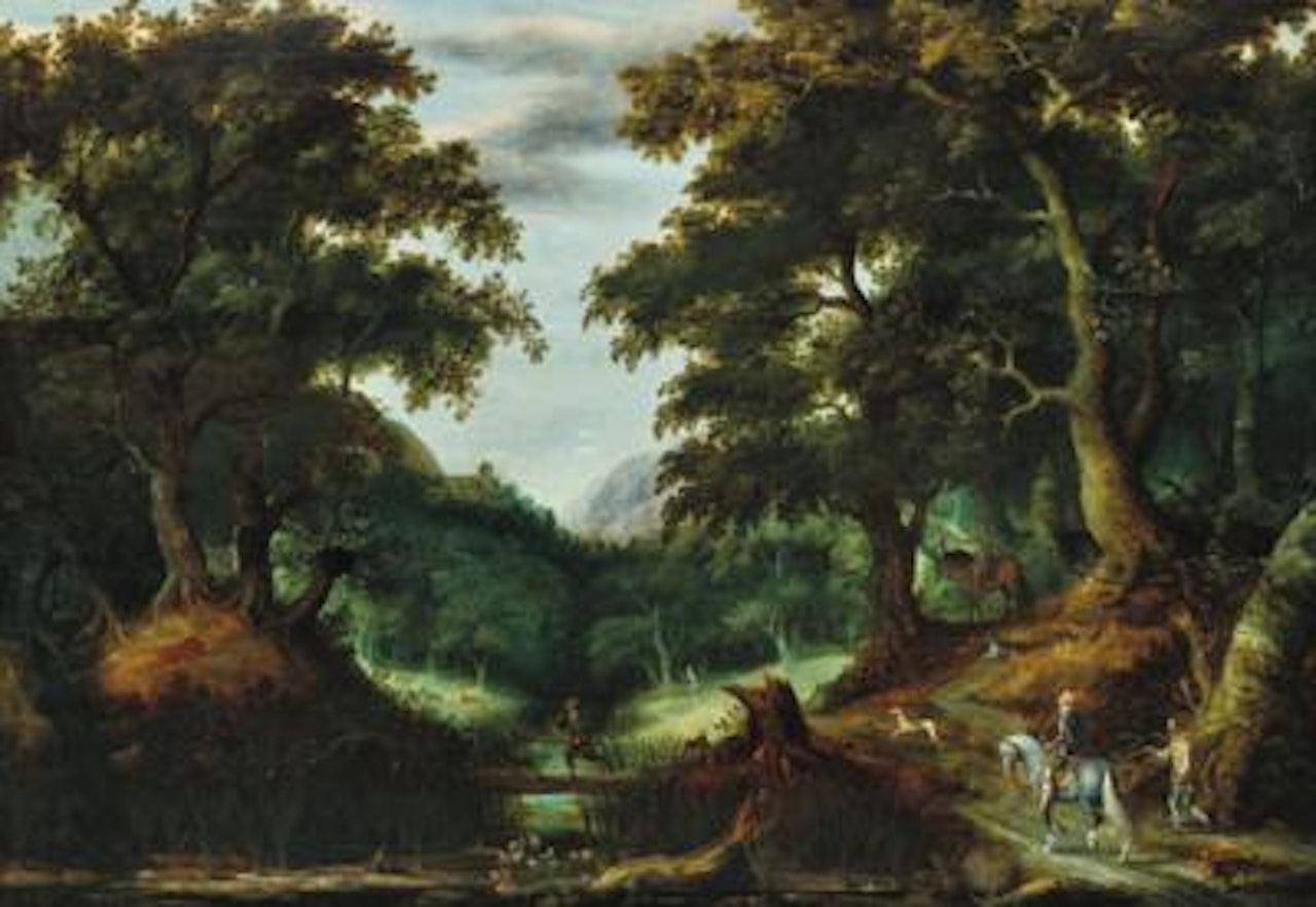 A wooded landscape with an elegant huntsman on horseback by Adriaen van Stalbemt
