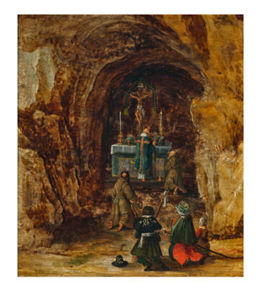 A grotto with pilgrims hearing mass by Joos de Momper the Younger