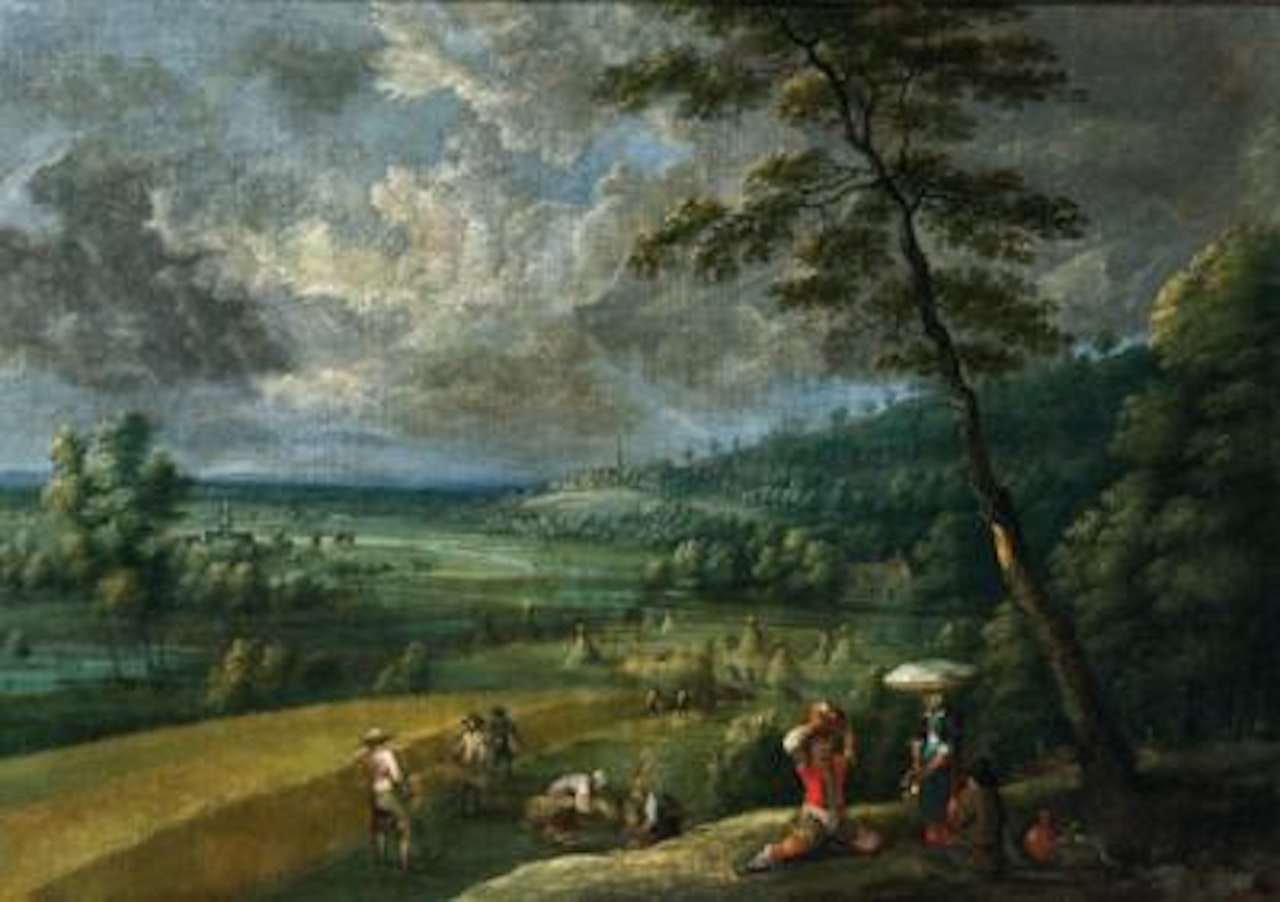 An extensive wooded landscape with farmers resting, the corn harvest in the foreground by Flemish School