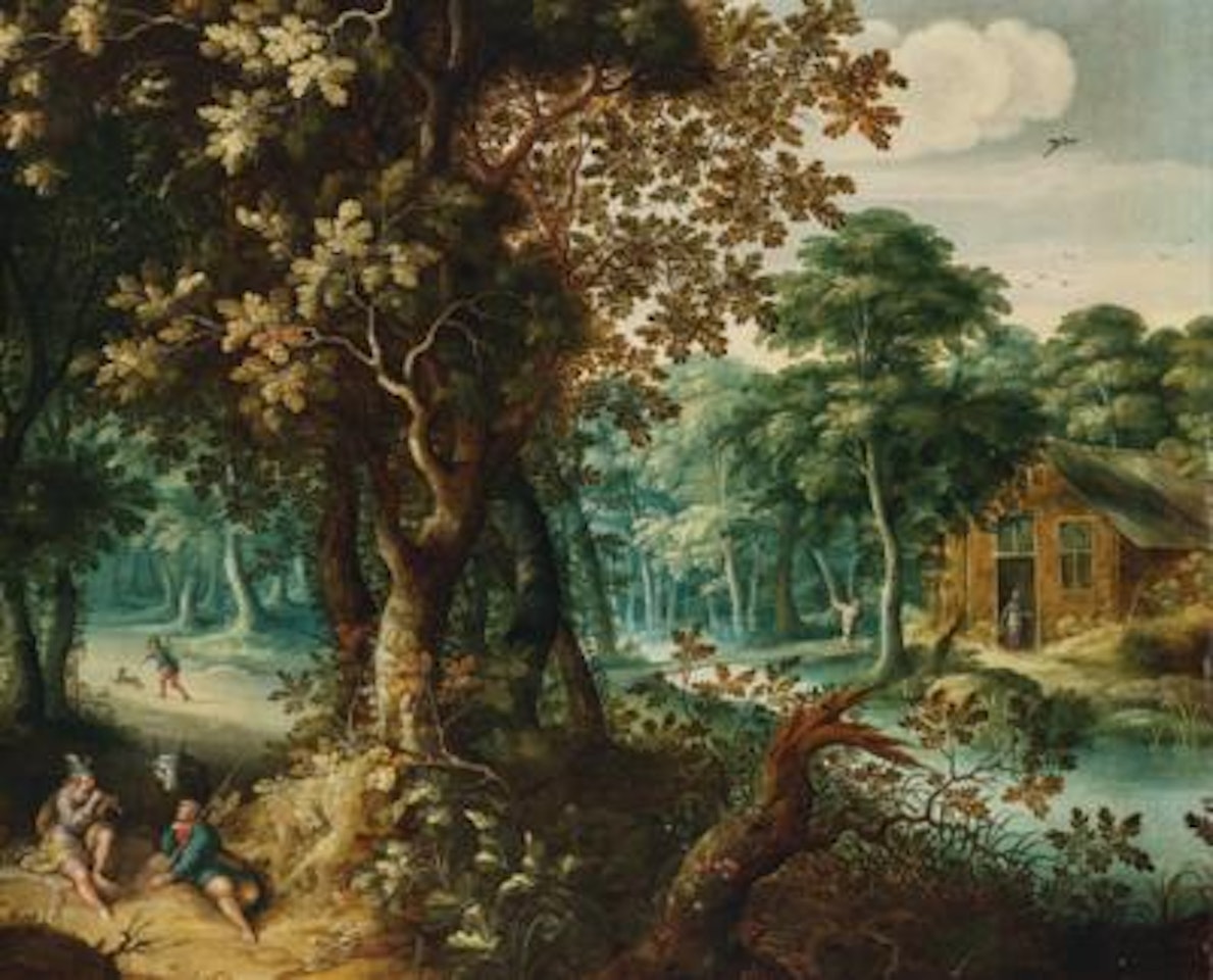 A wooded landscape with Mercury playing his flute and putting Argus to sleep by Abraham Govaerts