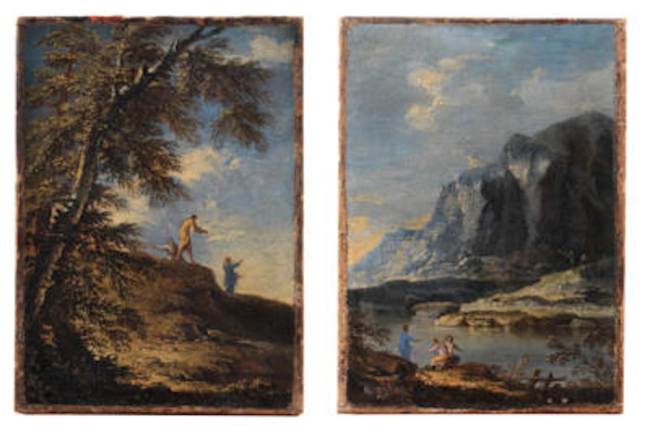 A wooded landscape with three figures in the foreground; A river landscape with three figures by Roman School