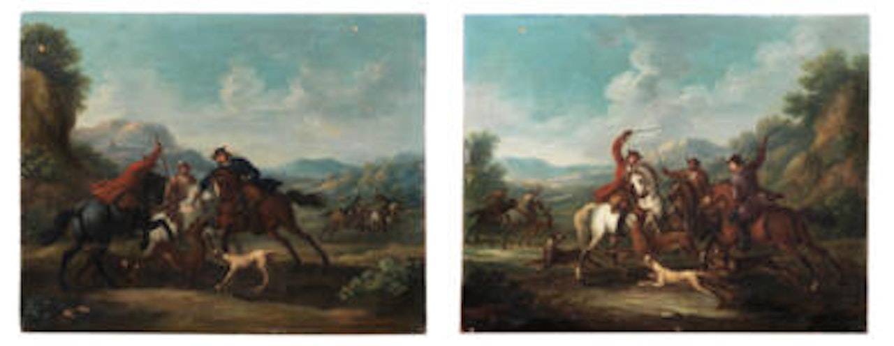 Three horsemen hunting a doe with three dogs and two other horsemen in the background by Roman School